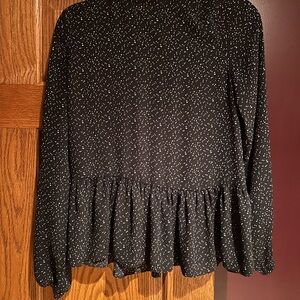 Loft Black Long-Sleeve Peplum Top with White Dot Print